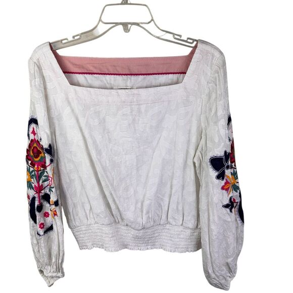 Anthropologie Tops - Anthropologie Embroidered Puff Arc Long Sleeve White Women Casual Peasant Top L